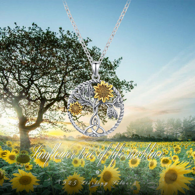 Sterling Silber zweifarbige Sonnenblume & Keltischer Knoten Anhänger Halskette-3