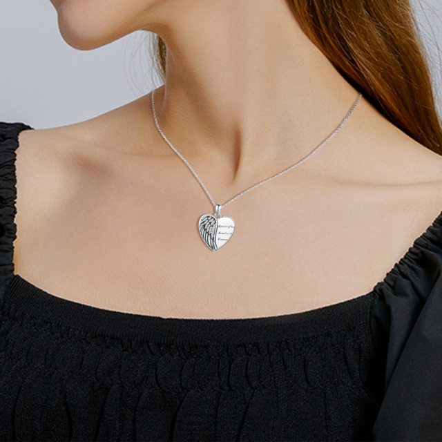 Collar de plata de ley con forma circular de pluma y corazón personalizado con foto y pala-1
