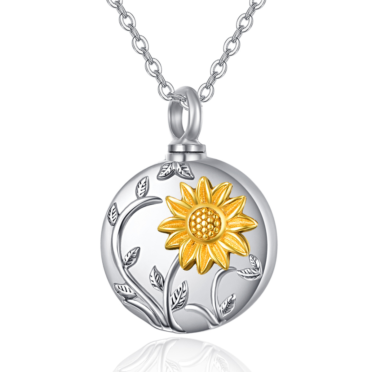 Sterling Silver Two-tone Sunflower Urn for Ashes Pendant Necklace-1