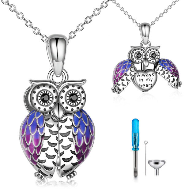 Sterling Silver Circular Shaped Cubic Zirconia Owl Urn Necklace for Ashes with Engraved Word-0