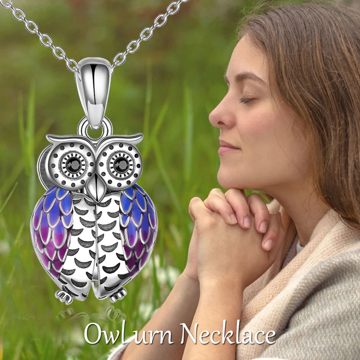 Sterling Silver Circular Shaped Cubic Zirconia Owl Urn Necklace for Ashes with Engraved Word-6