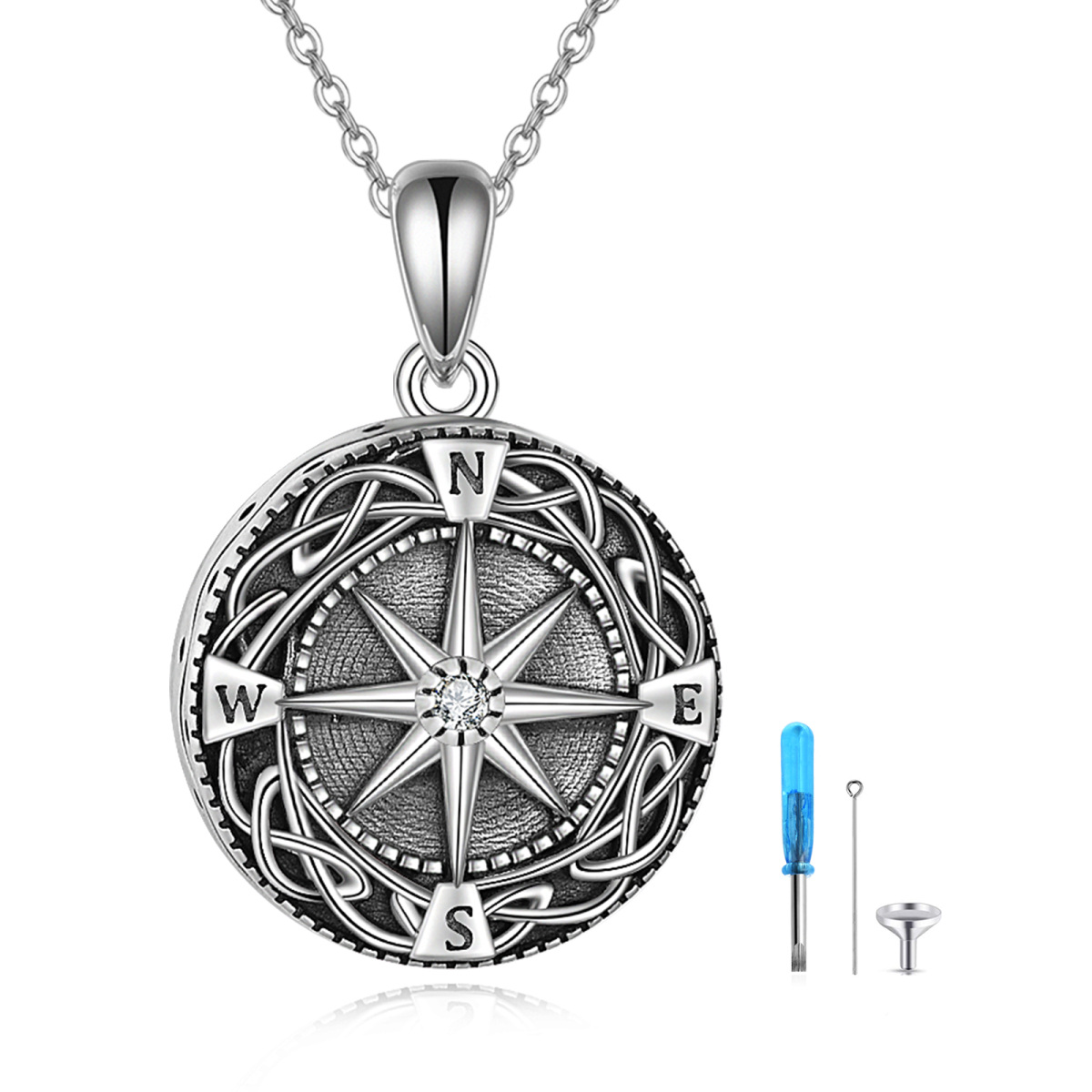 Sterling Silber Cubic Zirkonia keltischen Knoten & Kompass Urne Halskette-1