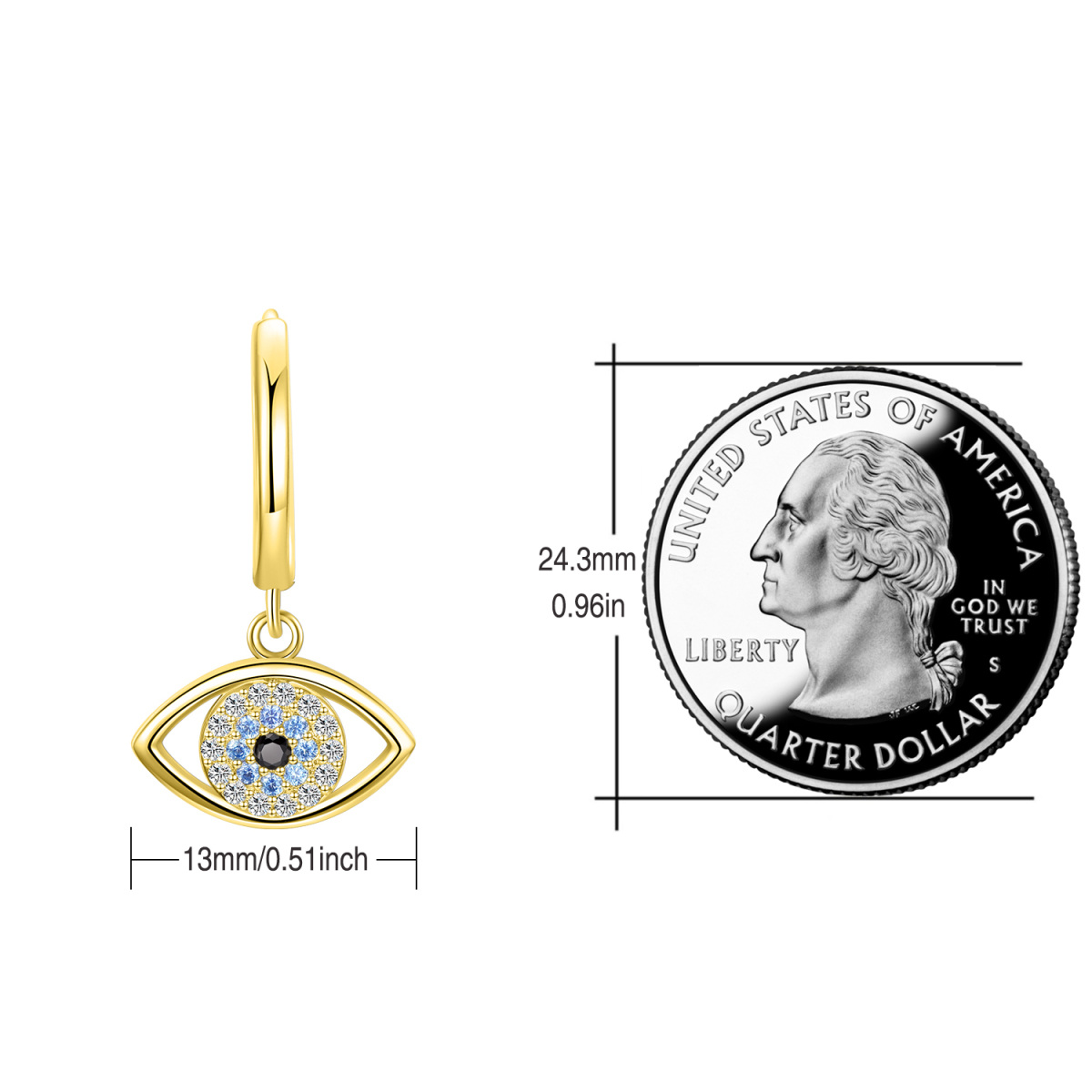 Sterling Silver with Yellow Gold Plated Circular Shaped Cubic Zirconia Evil Eye Drop Earrings-5