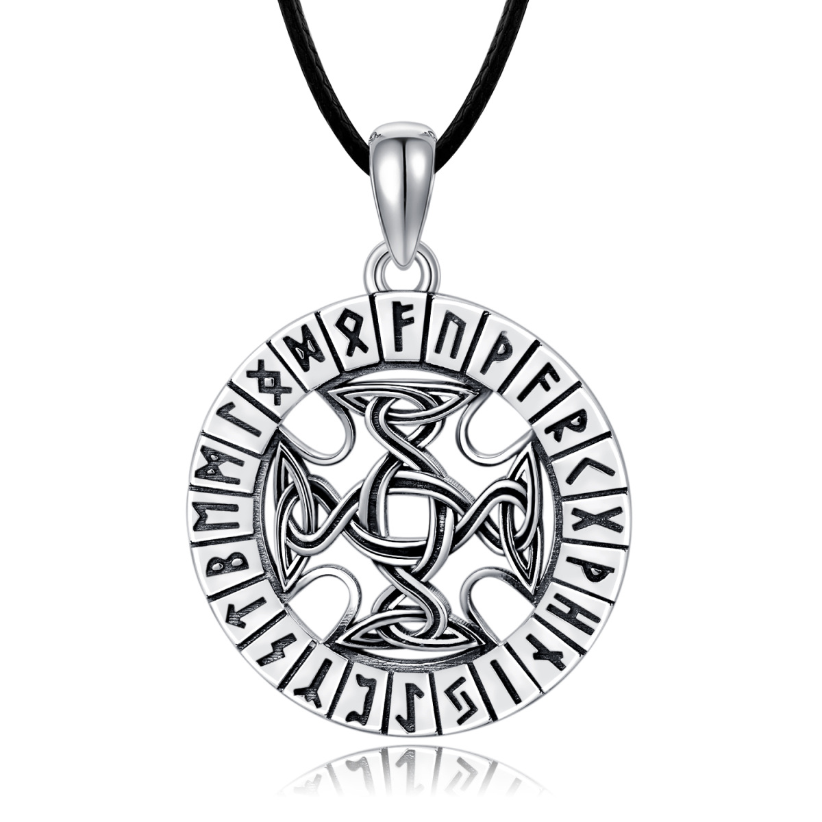 Collar de plata de ley con nudo celta y runa vikinga con cadena de cuerda negra para hombre-1