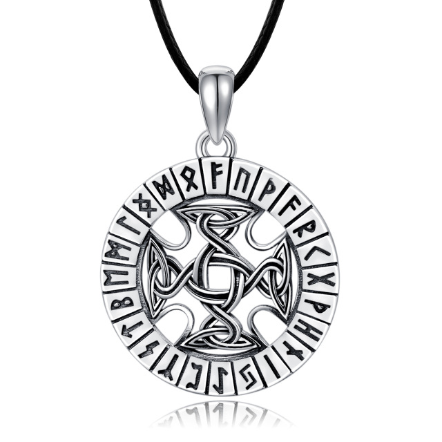Sterling Silver Celtic Knot & Viking Rune Pendant Necklace with Black Rope Chain for Men-0