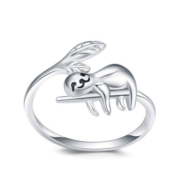 S925 prata esterlina ajustável banda aberta bonito preguiça animal anel jóias-0