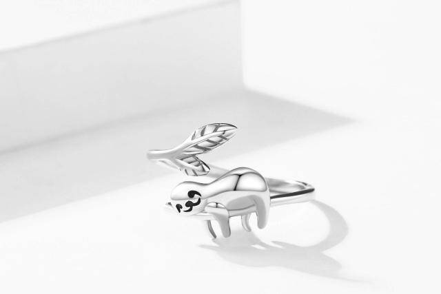 S925 prata esterlina ajustável banda aberta bonito preguiça animal anel jóias-2