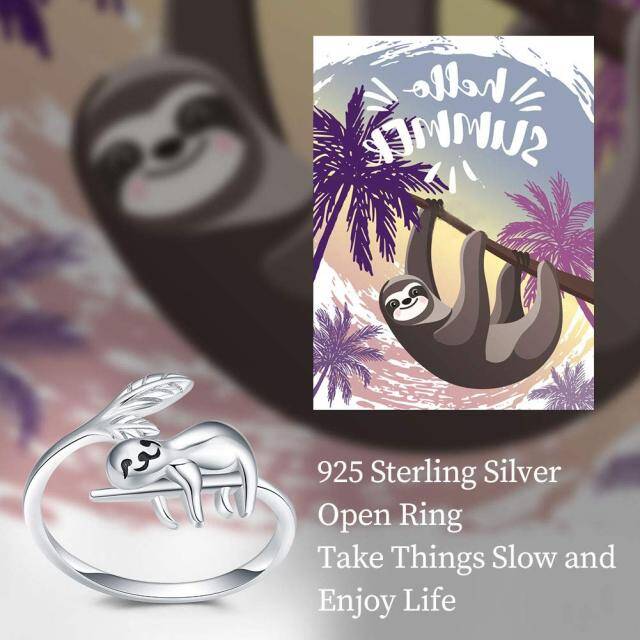S925 prata esterlina ajustável banda aberta bonito preguiça animal anel jóias-4