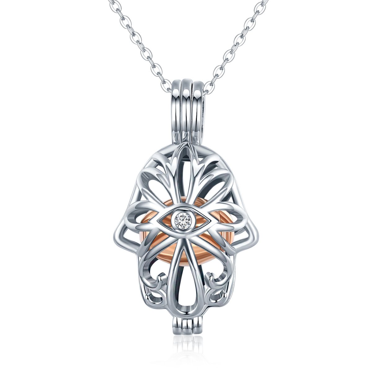 Sterling Silver Two-tone Circular Shaped Cubic Zirconia Lotus & Evil Eye & Hamsa Hand Urn Necklace for Ashes-1