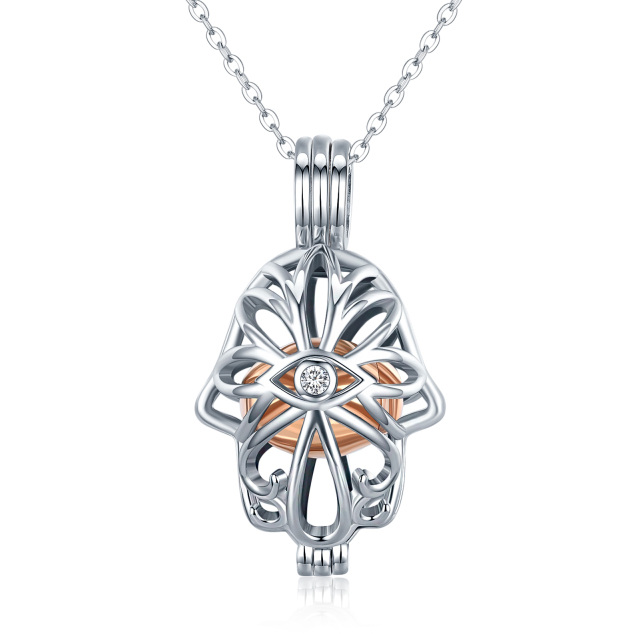 Sterling Silver Two-tone Circular Shaped Cubic Zirconia Lotus & Evil Eye & Hamsa Hand Urn Necklace for Ashes-0