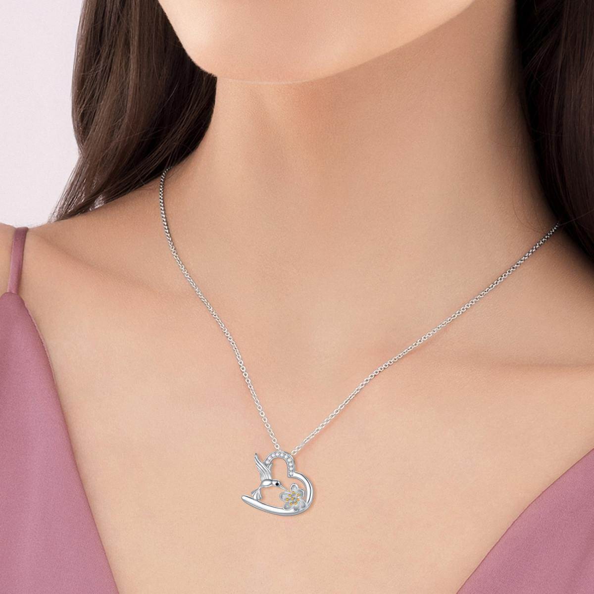 Sterling Silver Cubic Zirconia Hummingbird & Lotus Pendant Necklace-3