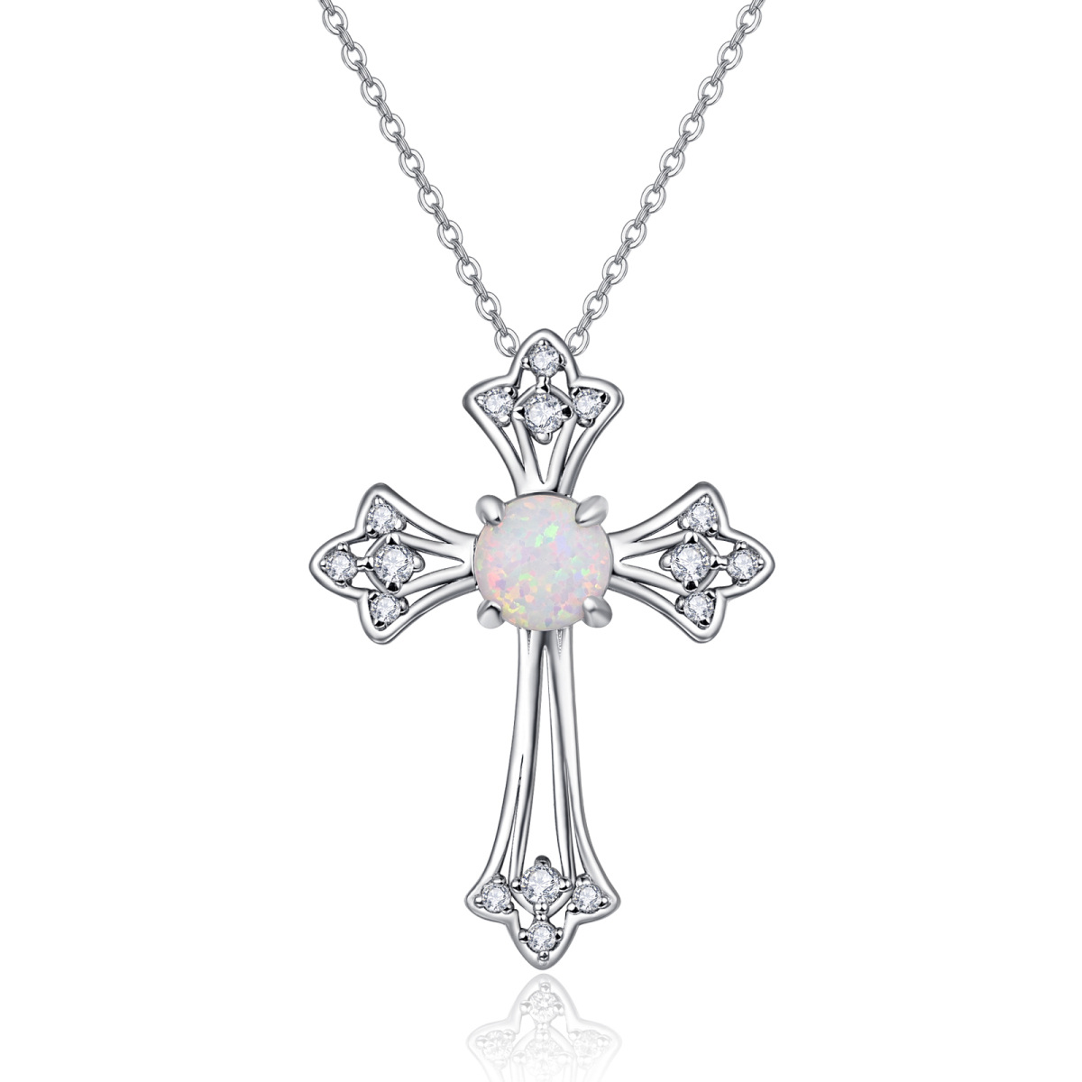 Sterling Silver Opal Cross Pendant Necklace-1