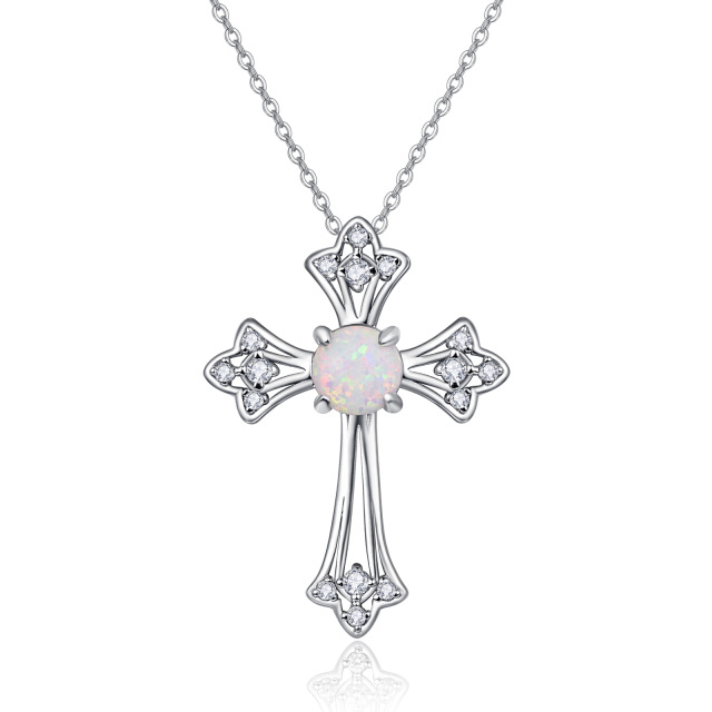 Sterling Silver Opal Cross Pendant Necklace-0