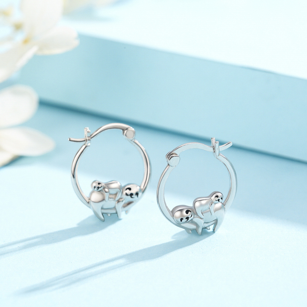 Sterling Silver Sloth Hoop Earrings-4