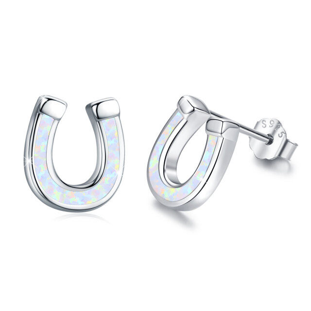 Sterling Silver Opal Horseshoe Stud Earrings-1