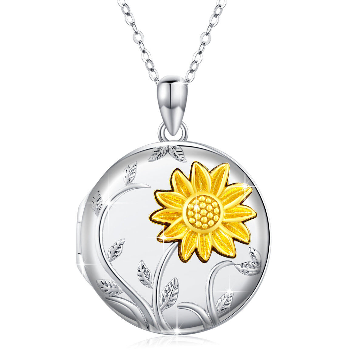 Sterling Silver Two-tone Sunflower Personalized Photo Locket Necklace-1