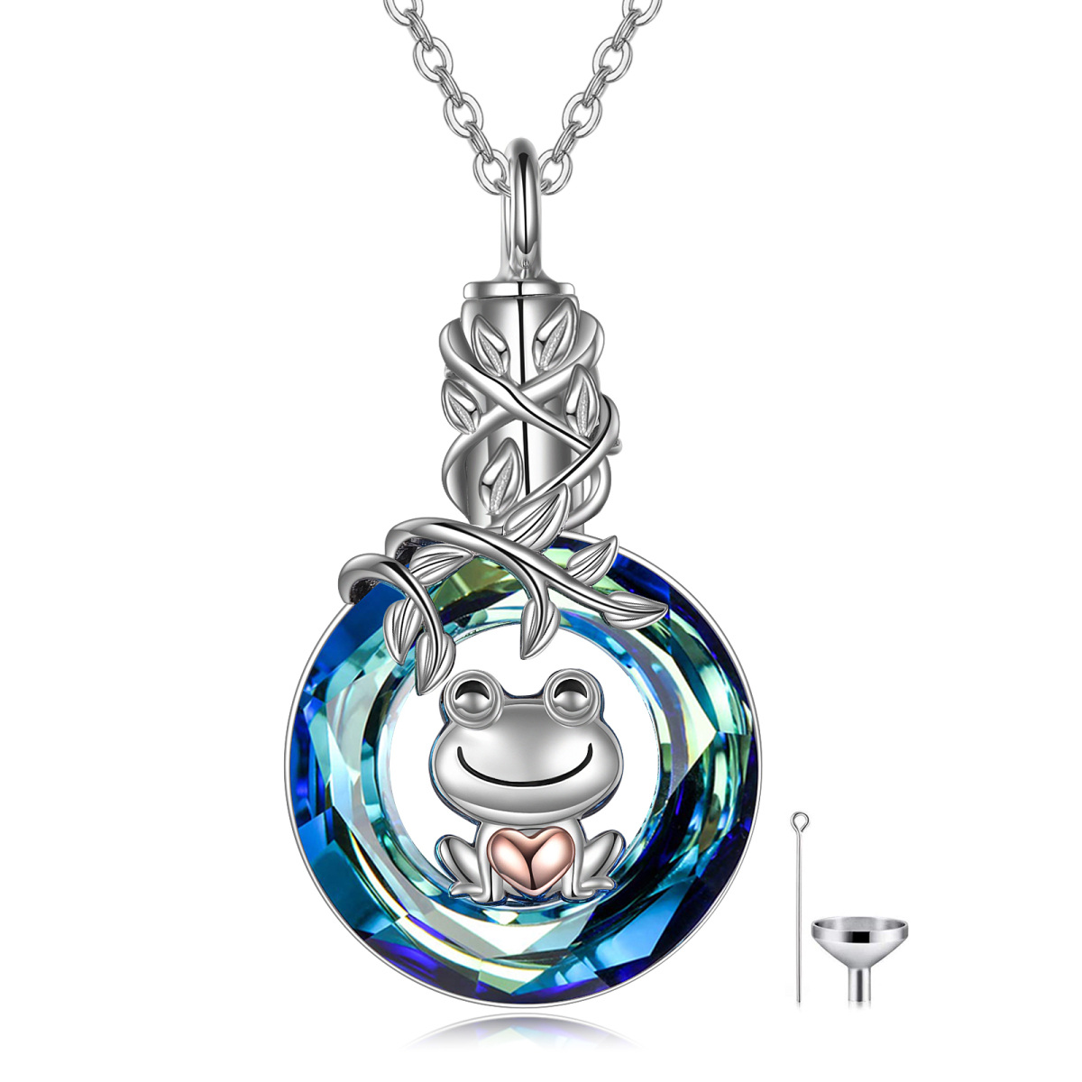Sterling Silver Two-tone Crystal Frog Urn Necklace for Ashes with Engraved Word-1