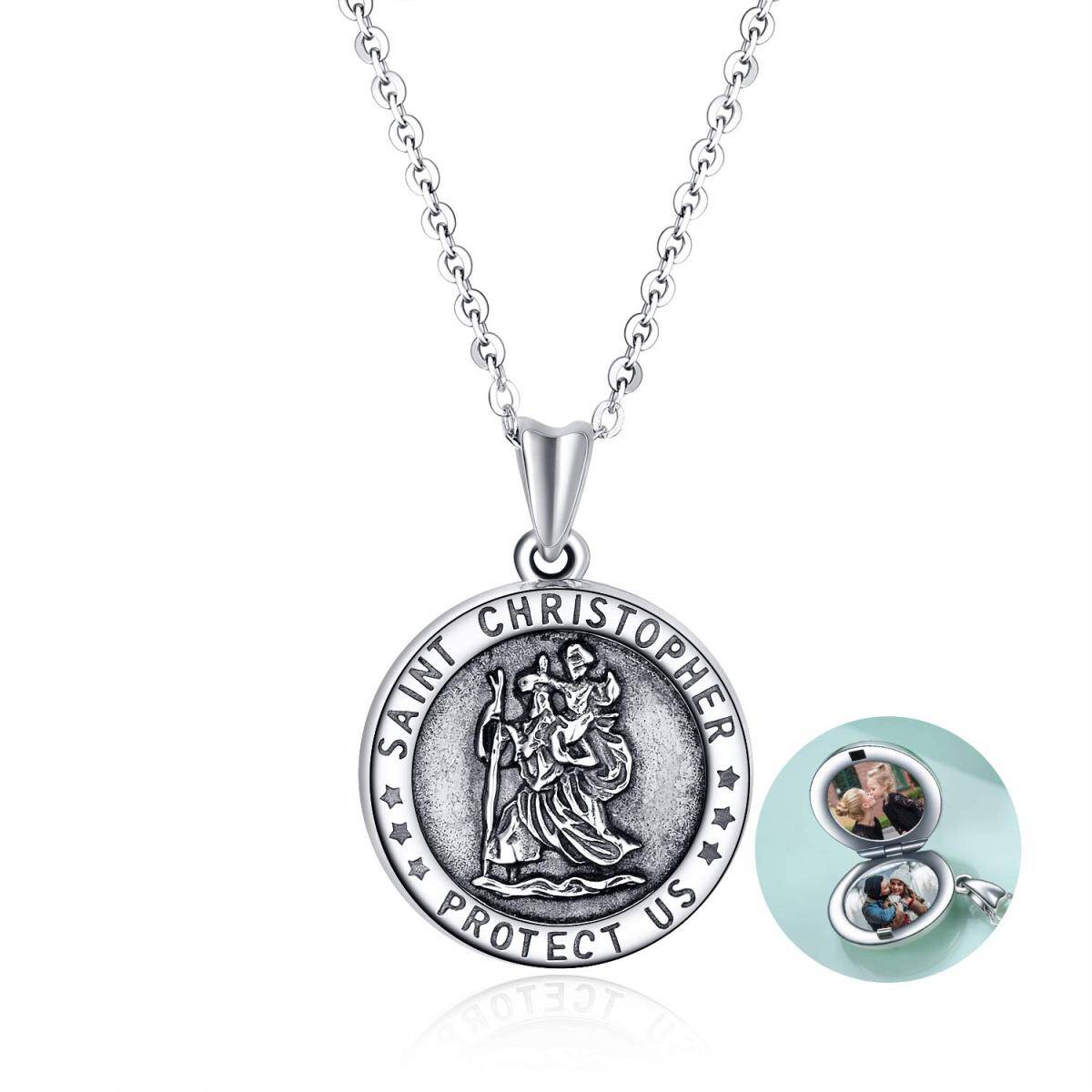 Sterling Silver Saint Christopher Personalized Photo Locket Necklace with Engraved Word-1