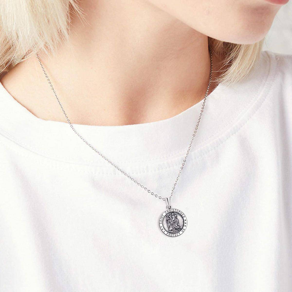 Sterling Silver Saint Christopher Personalized Photo Locket Necklace with Engraved Word-6