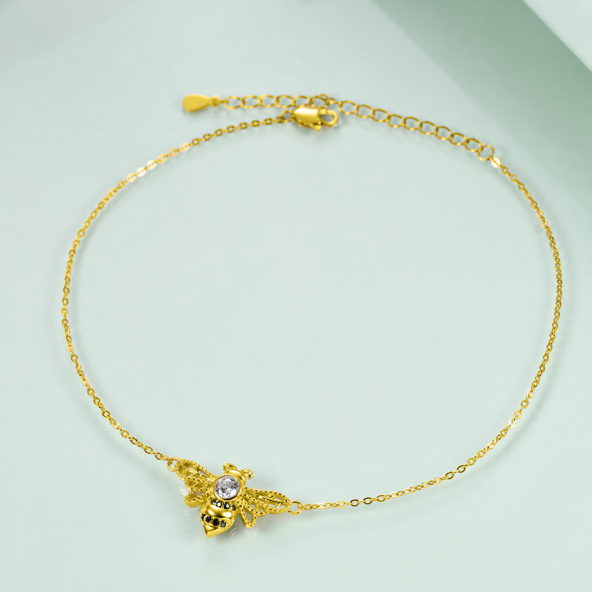 Sterling Silver with Yellow Gold Plated Cubic Zirconia Bee Single Layer Anklet-3