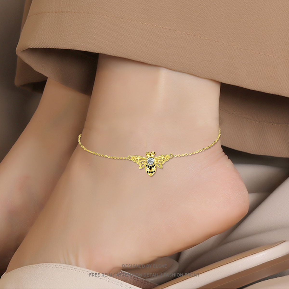 Sterling Silver with Yellow Gold Plated Cubic Zirconia Bee Single Layer Anklet-2