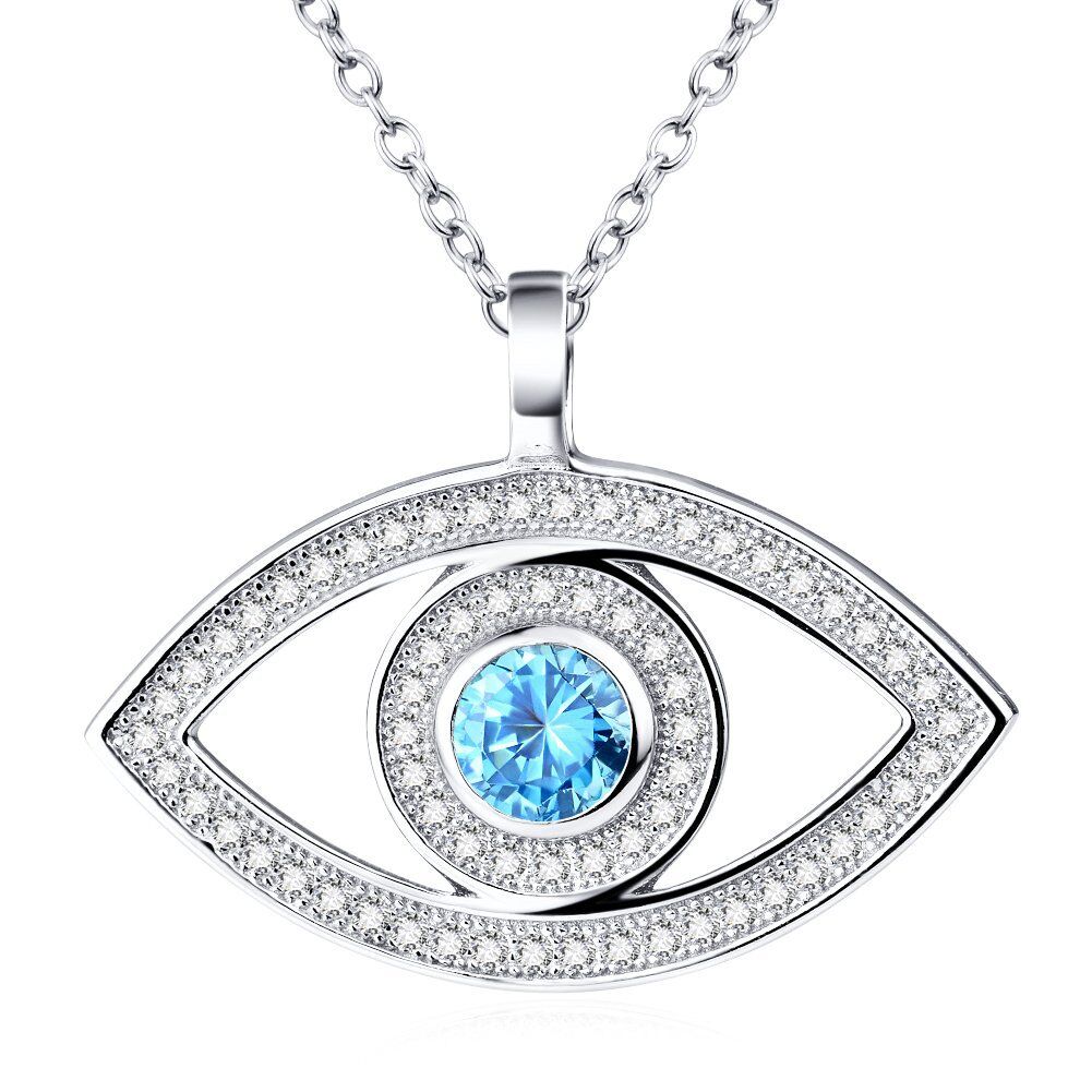 Sterling Silver Circular Shaped Cubic Zirconia Evil Eye Pendant Necklace-1