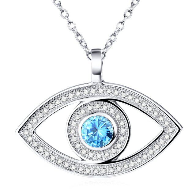 Sterling Silver Circular Shaped Cubic Zirconia Evil Eye Pendant Necklace-0