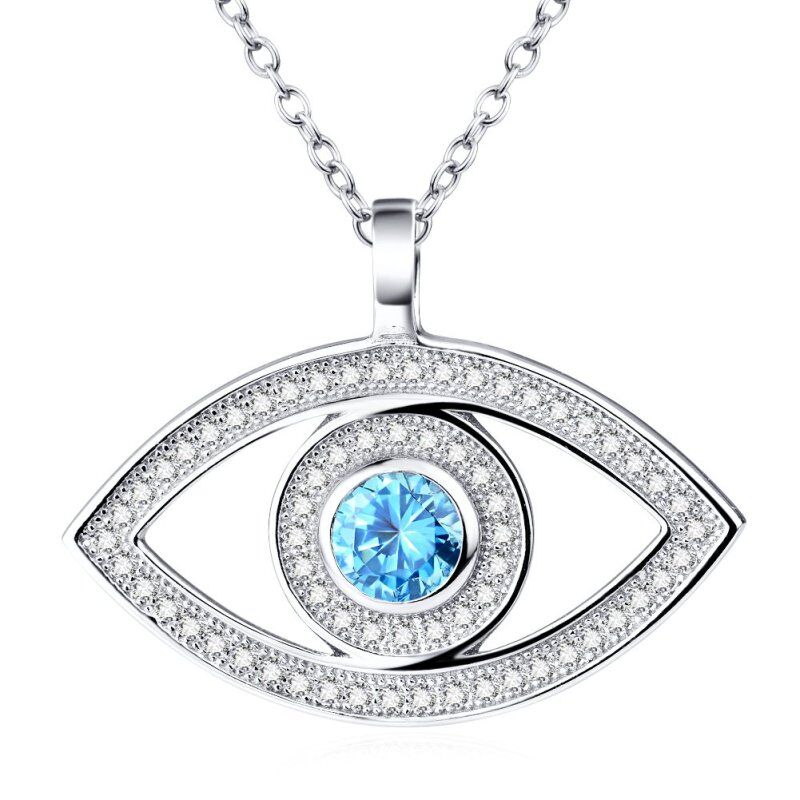 Sterling Silver Circular Shaped Cubic Zirconia Evil Eye Pendant Necklace