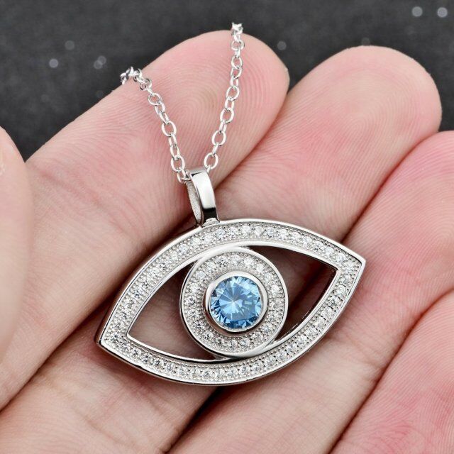 Sterling Silver Circular Shaped Cubic Zirconia Evil Eye Pendant Necklace-2