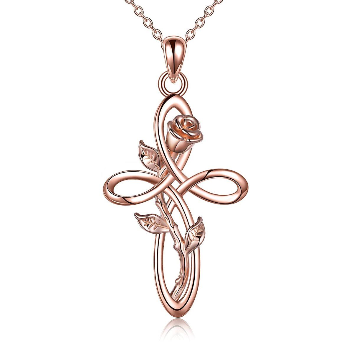 Sterling Silver with Rose Gold Plated Rose & Celtic Knot & Cross Pendant Necklace-1
