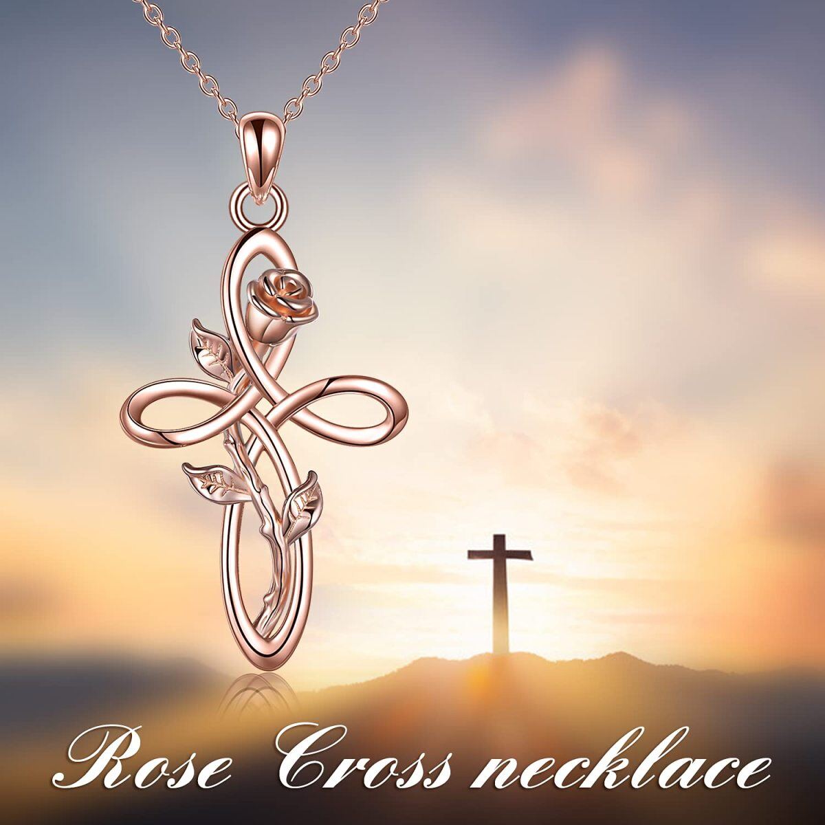 Sterling Silver with Rose Gold Plated Rose & Celtic Knot & Cross Pendant Necklace-6