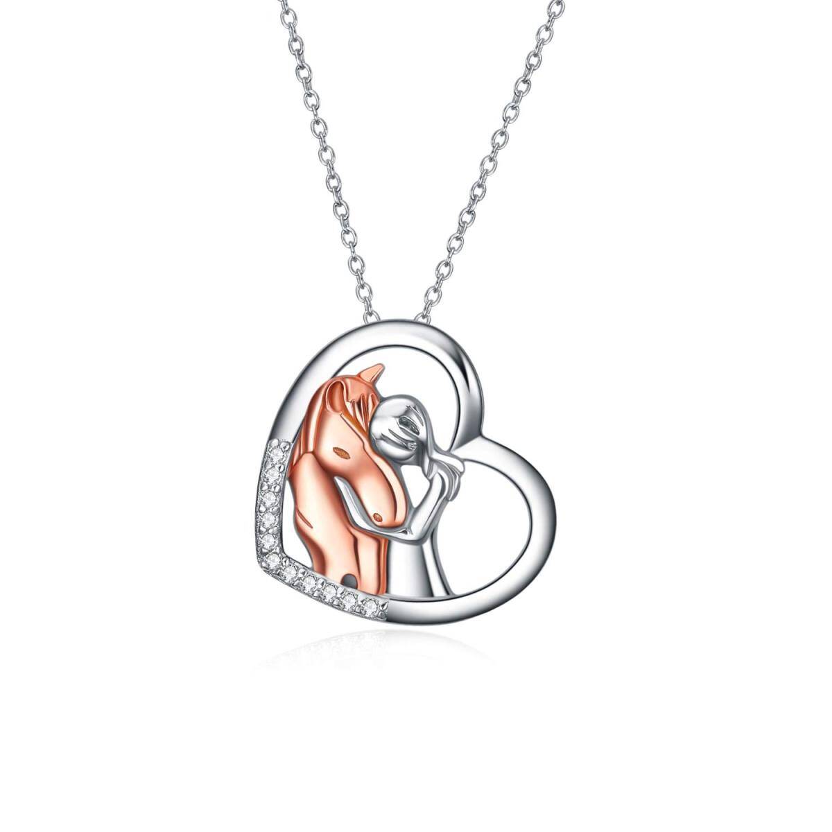 Sterling Silver Two-tone Zircon Horse & Heart Pendant Necklace-1