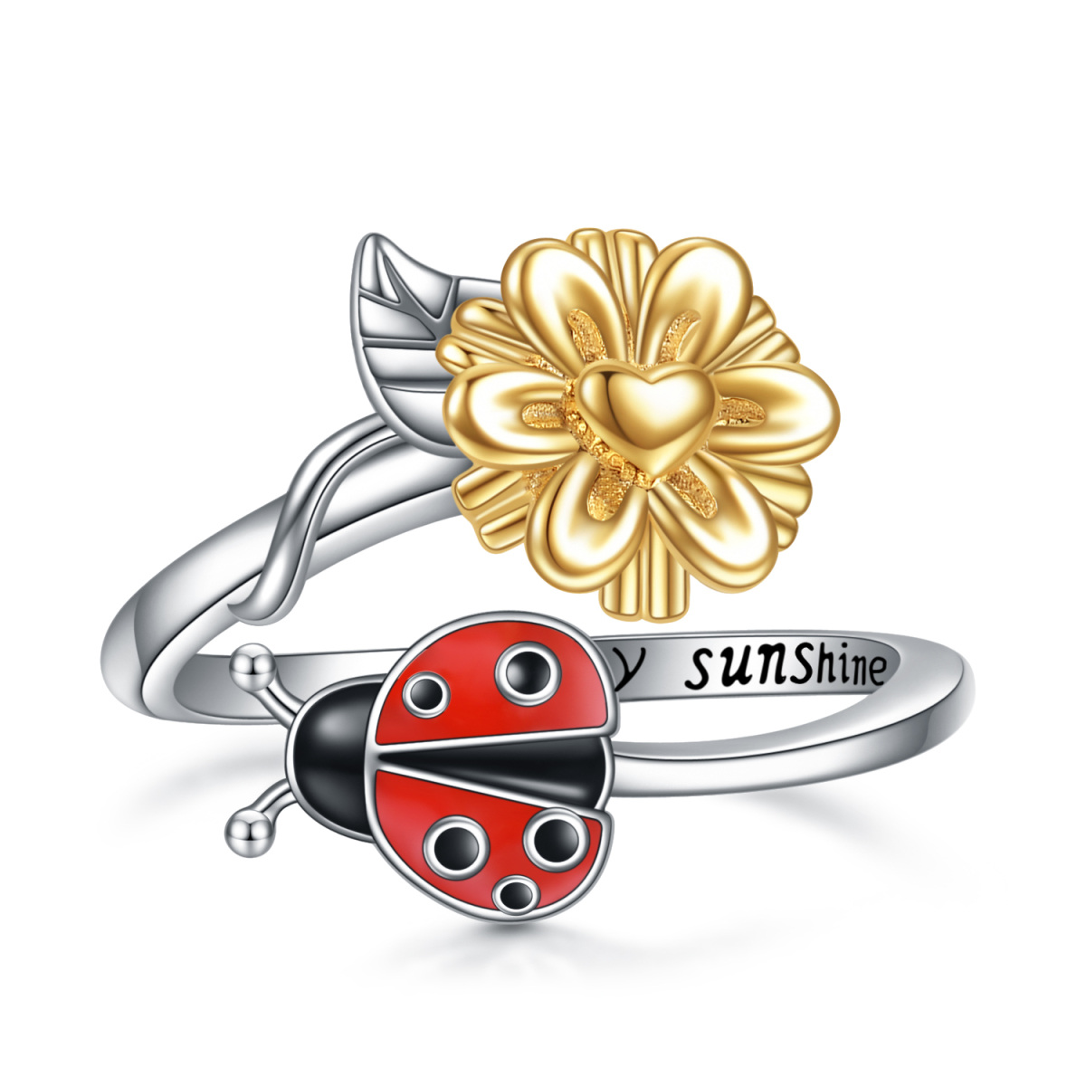 Offener Ring aus Sterlingsilber mit Marienkäfer und Sonnenblume und eingraviertem Wort-1