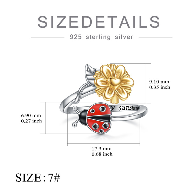 Sterling Silver Ladybug & Sunflower Open Ring with Engraved Word-4