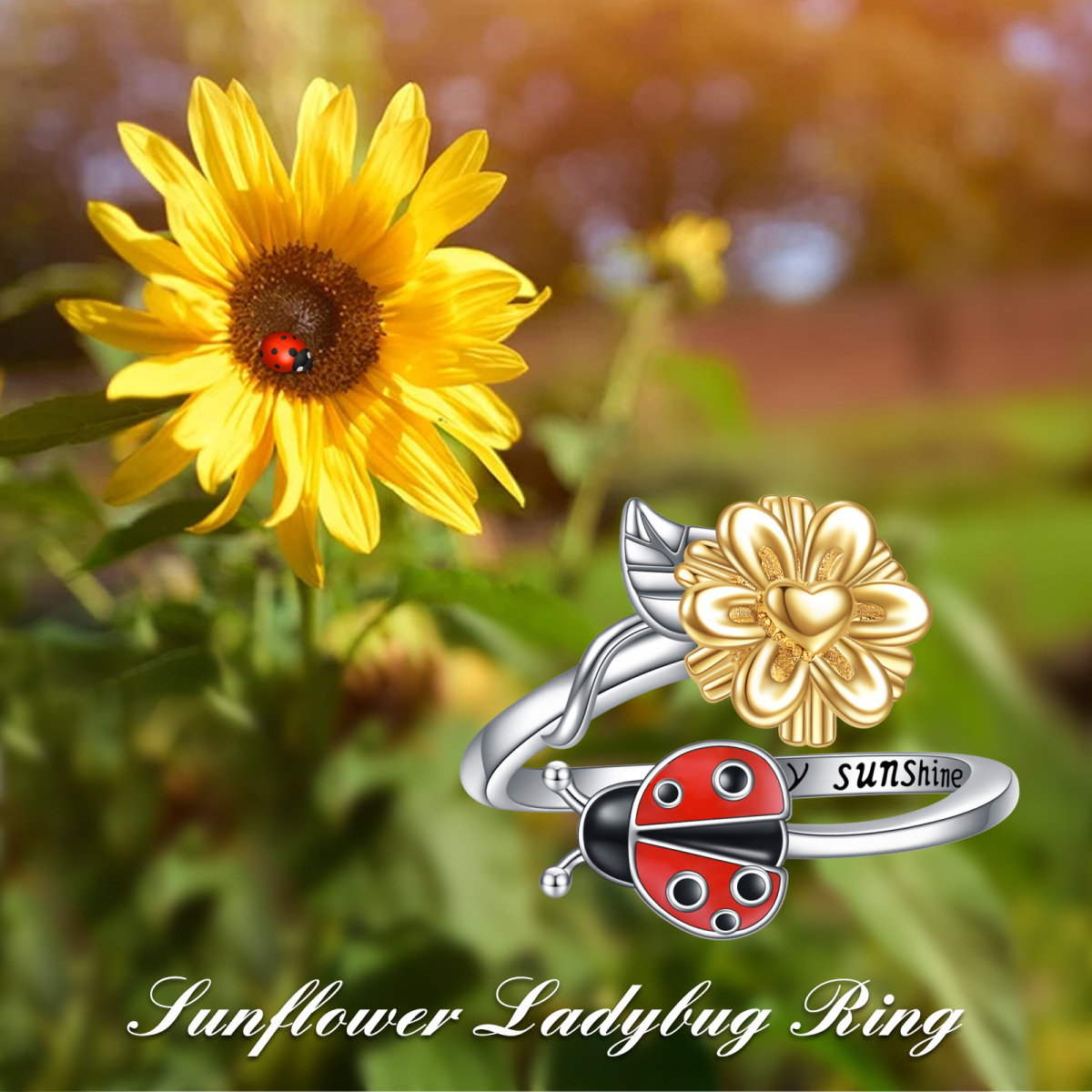 Sterling Silver Ladybug & Sunflower Open Ring with Engraved Word-6