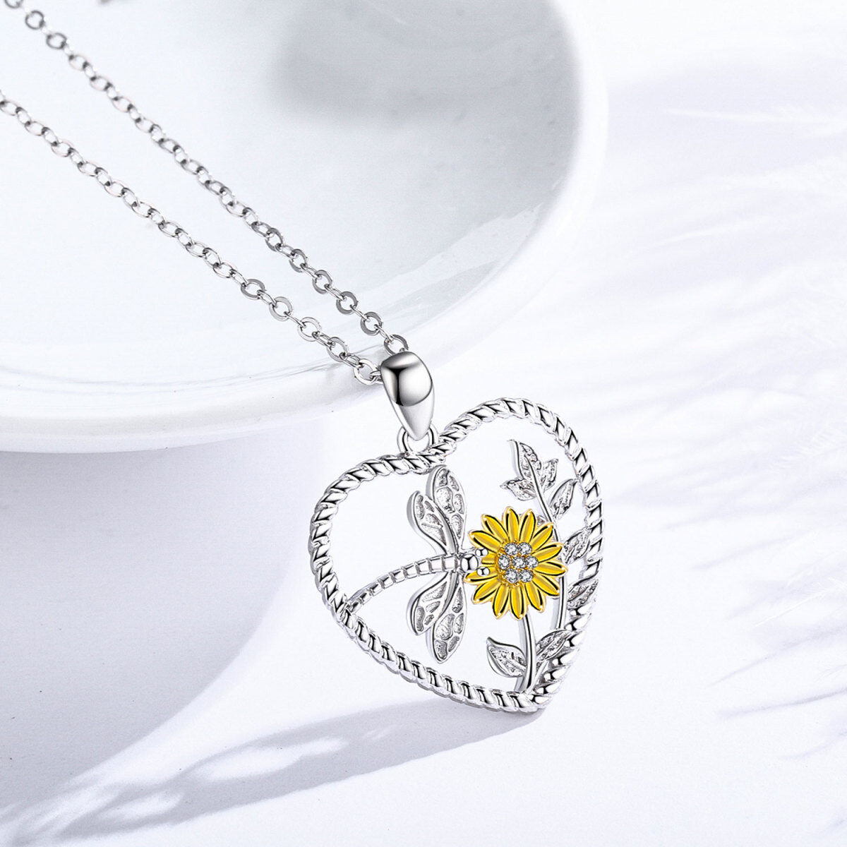 Sterling Silver Two-tone Cubic Zirconia Sunflower Pendant Necklace-4