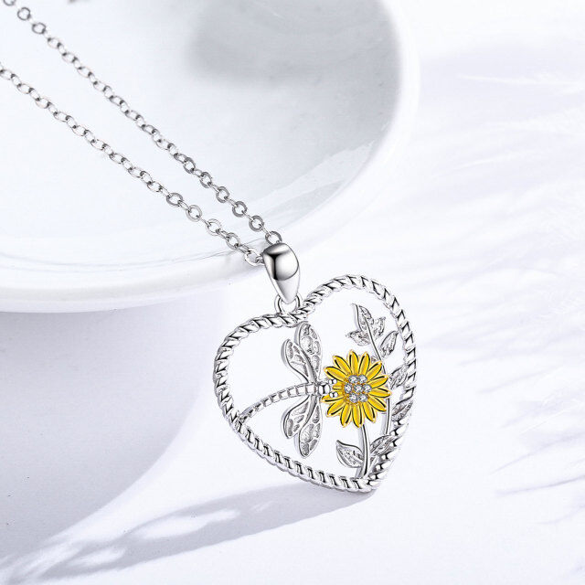 Sterling Silver Two-tone Cubic Zirconia Sunflower Pendant Necklace-4