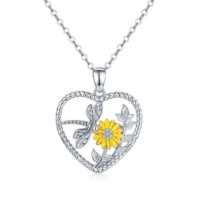 Sterling Silver Two-tone Cubic Zirconia Sunflower Pendant Necklace-1
