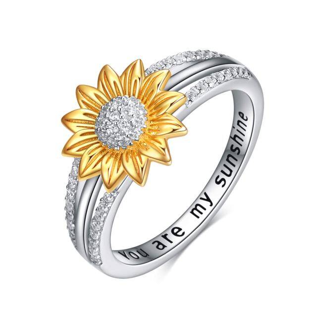 Sterling Silver Two-tone Circular Shaped Cubic Zirconia Sunflower Ring with Engraved Word-0