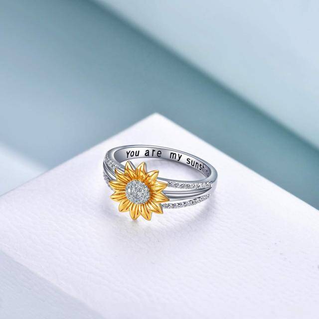 Sterling Silver Two-tone Circular Shaped Cubic Zirconia Sunflower Ring with Engraved Word-3
