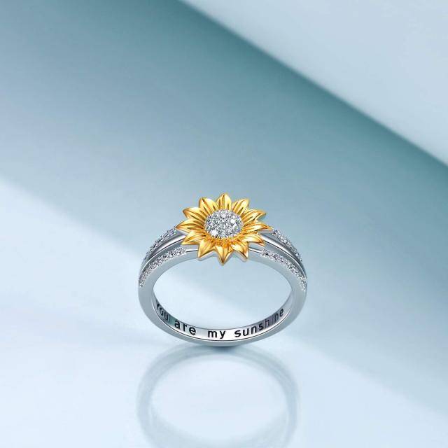 Sterling Silver Two-tone Circular Shaped Cubic Zirconia Sunflower Ring with Engraved Word-2