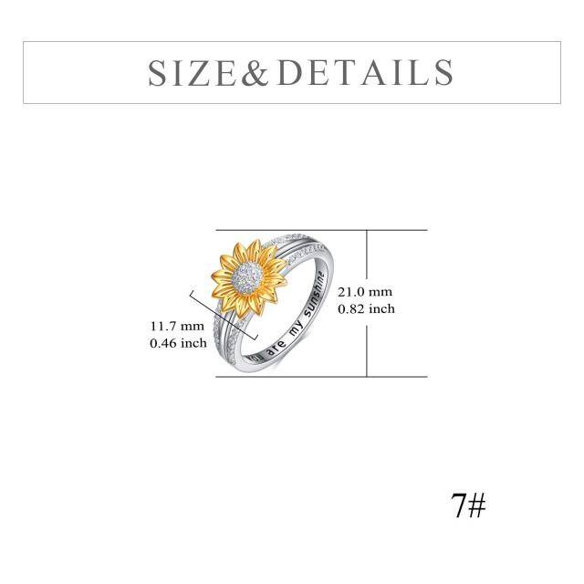 Sterling Silver Two-tone Circular Shaped Cubic Zirconia Sunflower Ring with Engraved Word-4