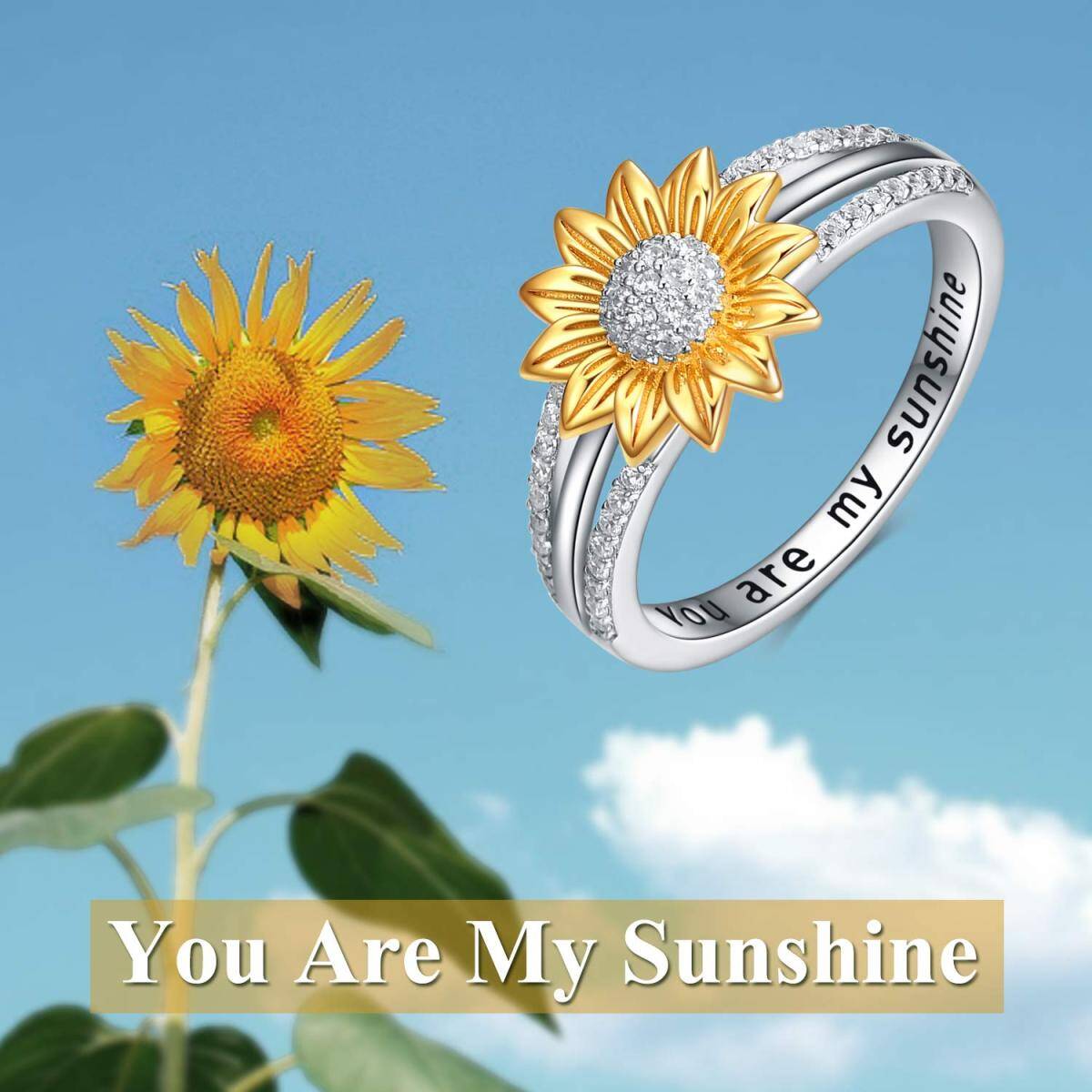 Sterling Silver Two-tone Circular Shaped Cubic Zirconia Sunflower Ring with Engraved Word-6