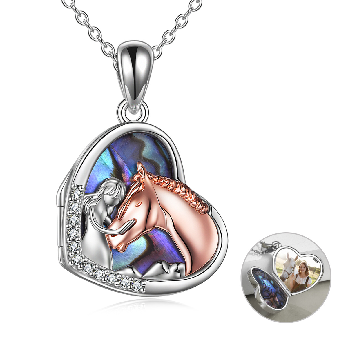 Sterling Silver Two-tone Abalone Shellfish Horse Heart Personalized Photo Locket Necklace-1