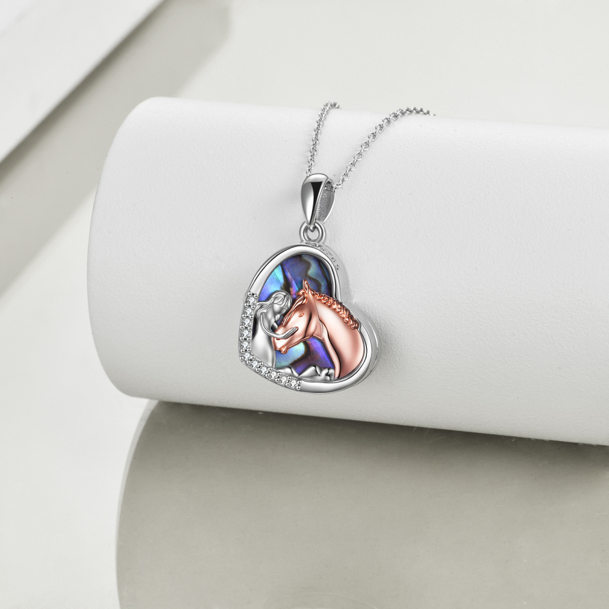 Sterling Silver Two-tone Heart Shaped Abalone Shellfish Horse & Personalized Photo & Heart Personalized Photo Locket Necklace-3