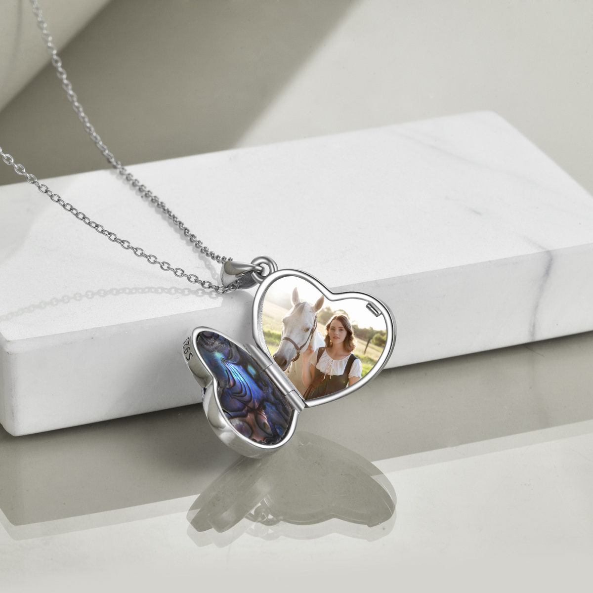 Sterling Silver Two-tone Heart Shaped Abalone Shellfish Horse & Personalized Photo & Heart Personalized Photo Locket Necklace-4