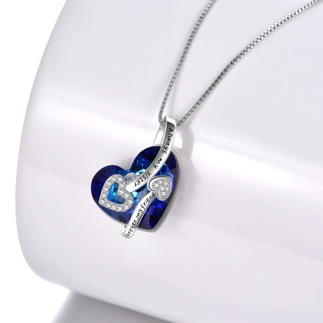 Sterling Silver Heart Shaped Heart Crystal Pendant Necklace with Engraved Word-3