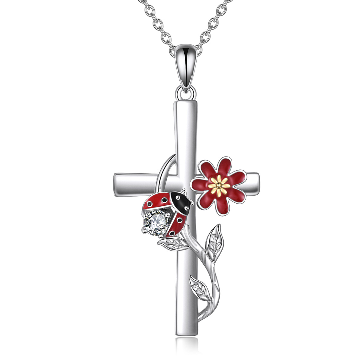 Sterling Silver Two-tone Circular Shaped Cubic Zirconia Ladybug & Cross Pendant Necklace-1