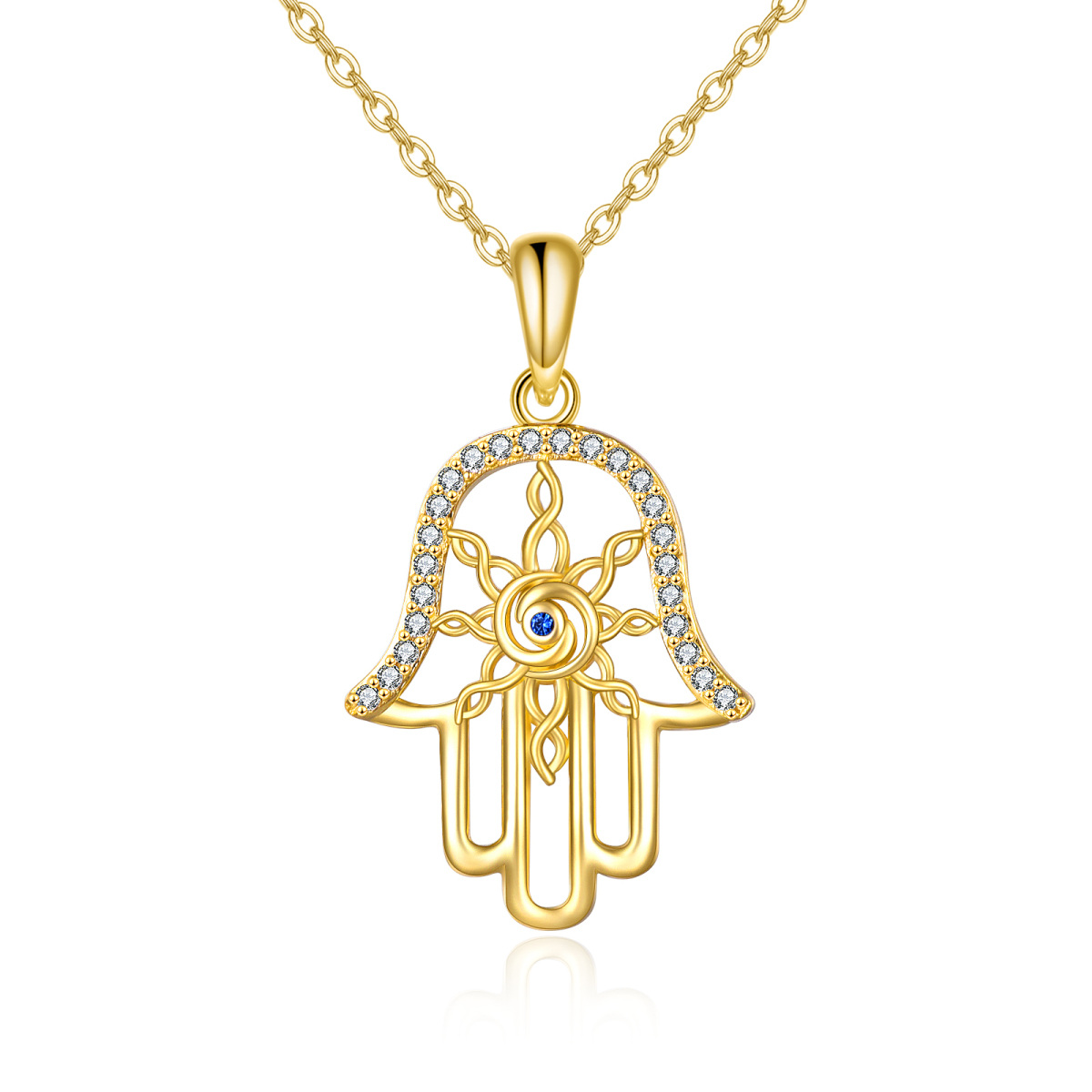 14K Gold Böses Auge & Hamsa Hand Anhänger Halskette-1