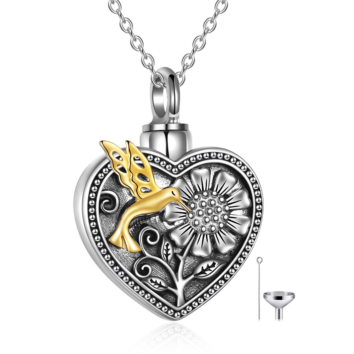 Sterling Silver Two-tone Hummingbird & Sunflower & Heart Urn Necklace for Ashes-1